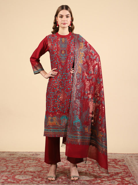 "Kidar Mehroon Cotton Silk Mandarin Collar Kurta Set with Dupatta"
