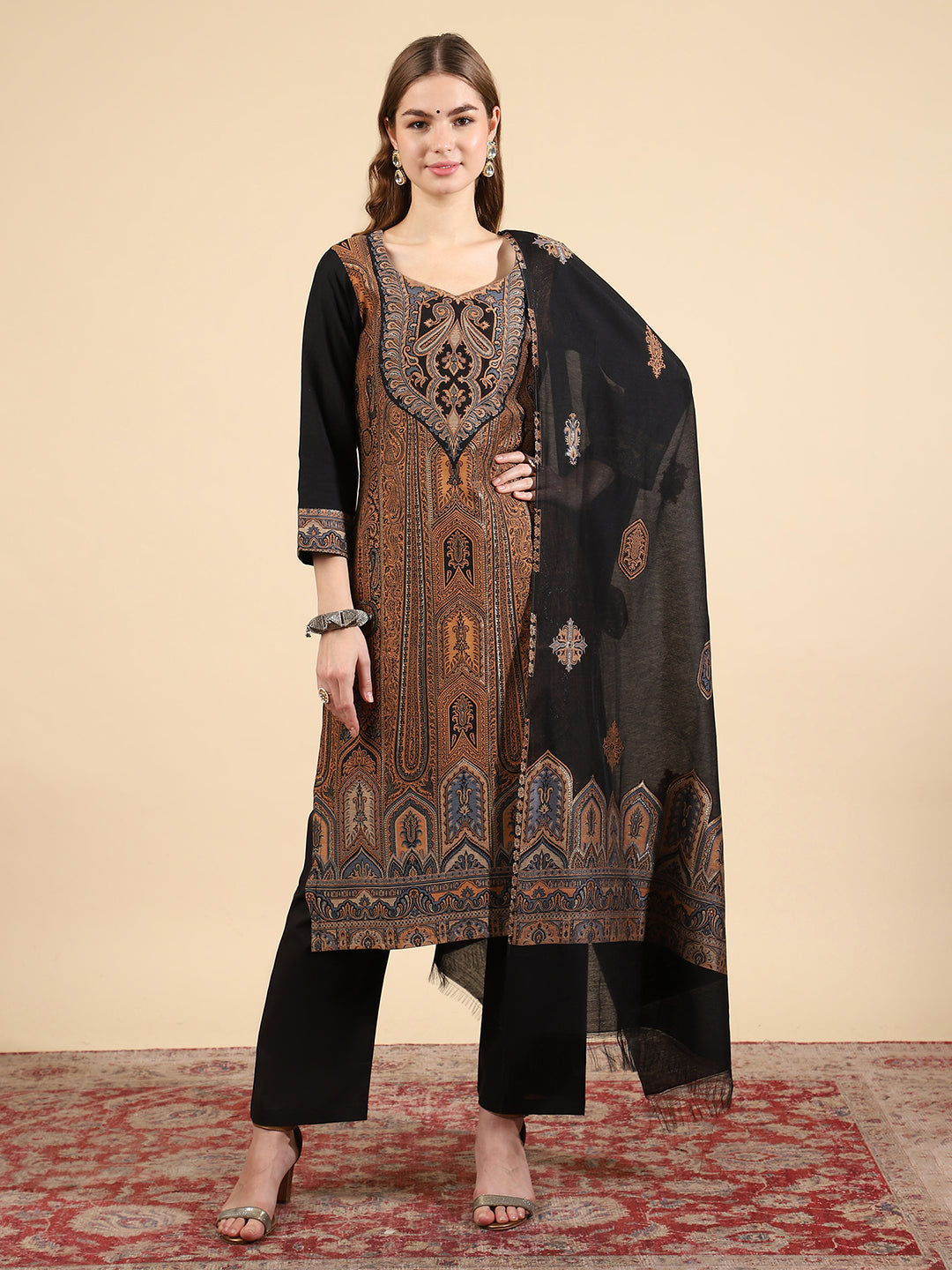 Kidar Elegant Black Printed Pant Suit with Threadwork - Black