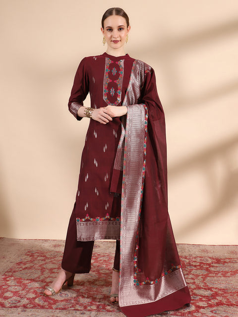 Kidar Floral Weave Kurta with Pants & Dupatta - Wine