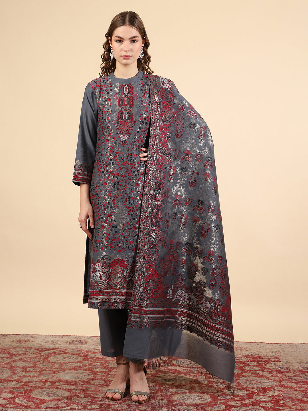 Kidar Ethnic Printed & Embordered Straight Kurta with Pant & Dupatta - Grey