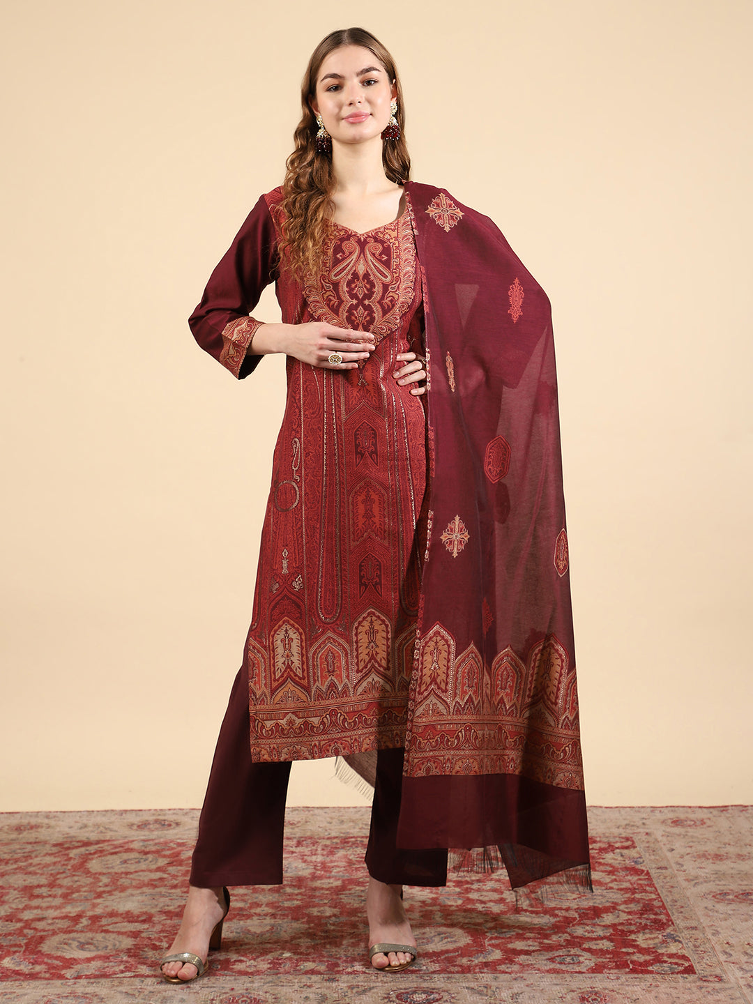 Elegant Wine-Colored U-Neck Kurta Set by Kidar