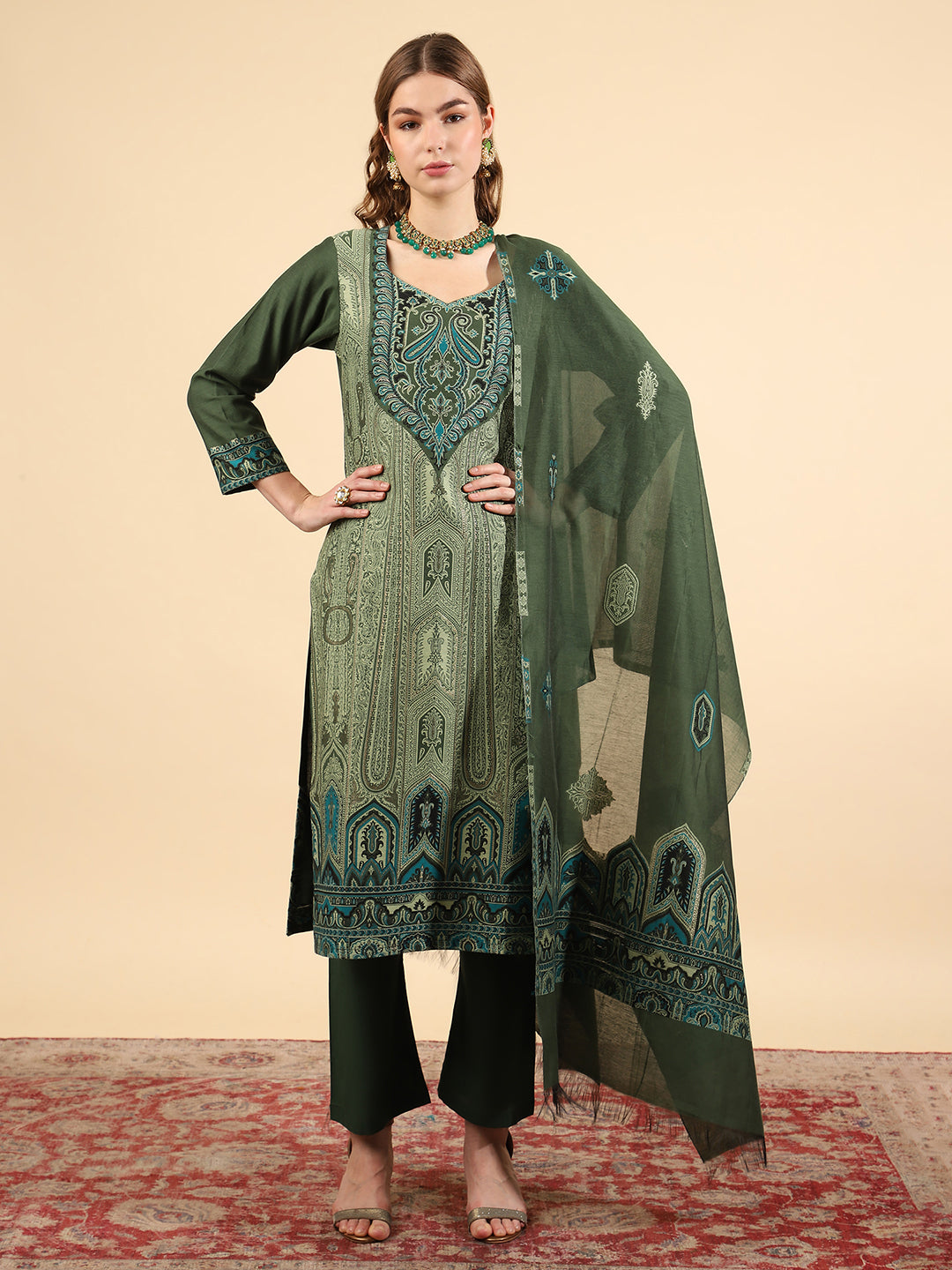 Kidar Ethnic Printed & Embordered Straight Kurta with Pant & Dupatta - B. Green