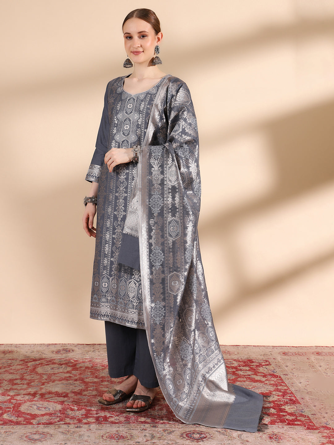 "Kidar's Grey Cotton Silk Kurta Set: Sizes S to 5XL"