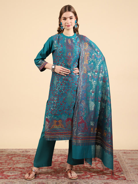 Kidar Ethnic Weave & Embordered Straight Kurta with Pant & Dupatta - New Green