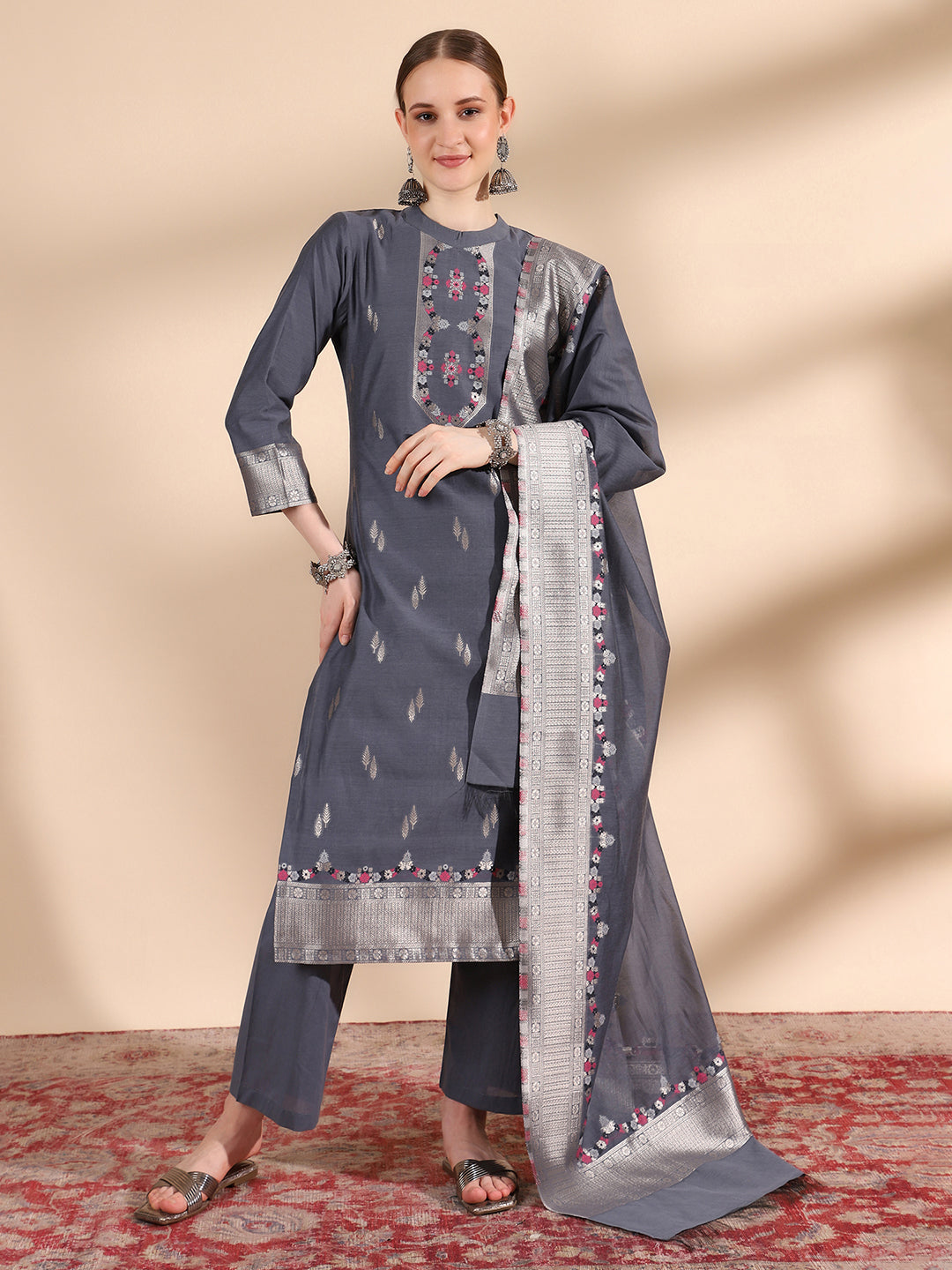 Kidar Ethnic Printed & Embordered Straight Kurta with Pant & Dupatta - Grey