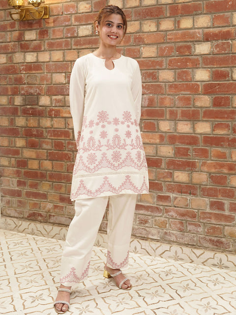 White Floral Embroidered Co-Ord Set for Women – Casual & Festive Wear