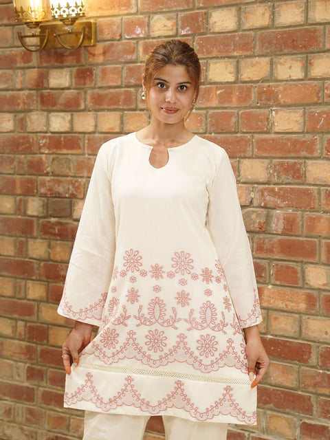White Floral Embroidered Co-Ord Set for Women – Casual & Festive Wear