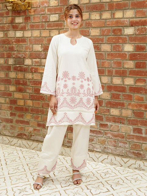 White Floral Embroidered Co-Ord Set for Women – Casual & Festive Wear