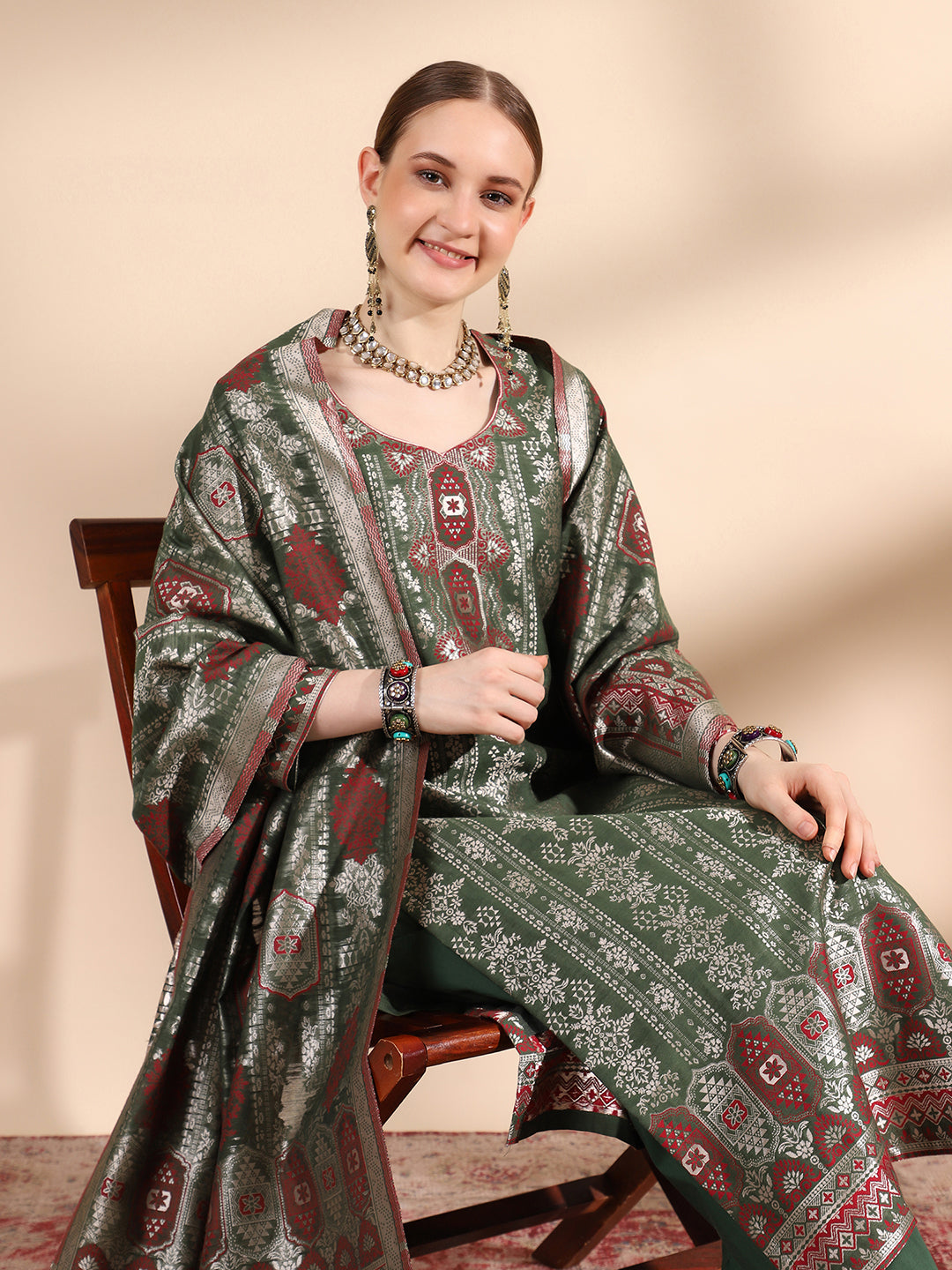 Kidar Ethnic Printed & Embrodered Straight Kurta with Pant & Dupatta - B.green