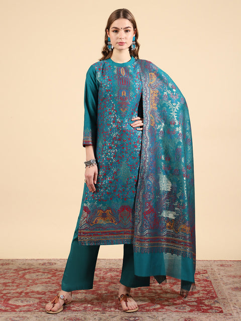 Kidar Ethnic Weave & Embordered Straight Kurta with Pant & Dupatta - New Green