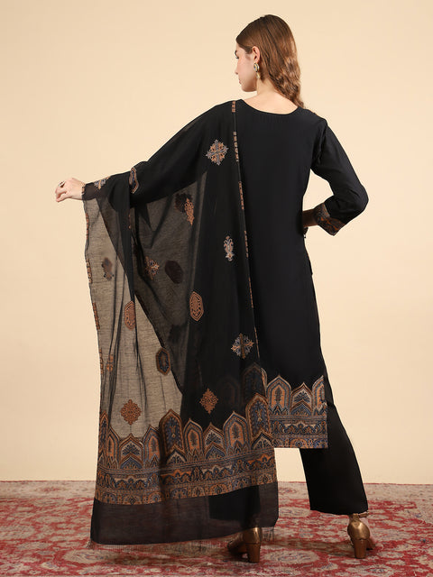 Kidar Elegant Black Weave Pant Suit with Threadwork - Black