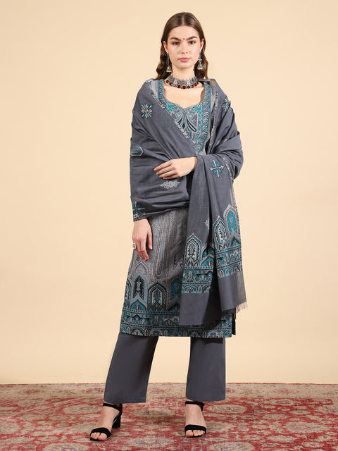Kidar Ethnic Weave & Embordered Straight Kurta with Pant & Dupatta - Grey