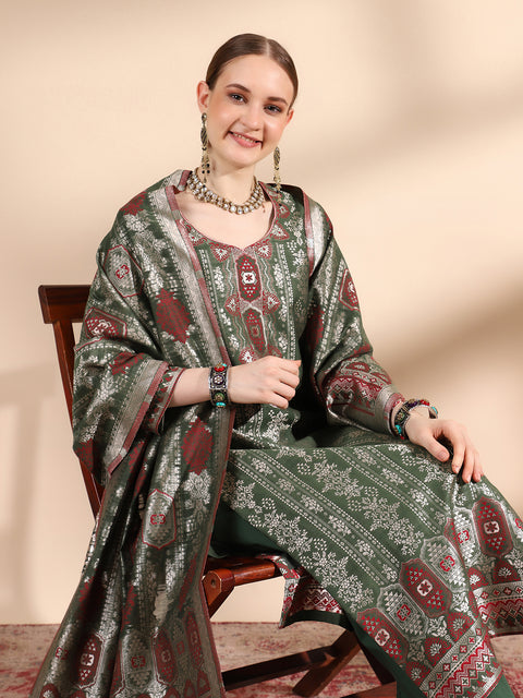 Kidar Ethnic Weave & Embordered Straight Kurta with Pant & Dupatta - B.green
