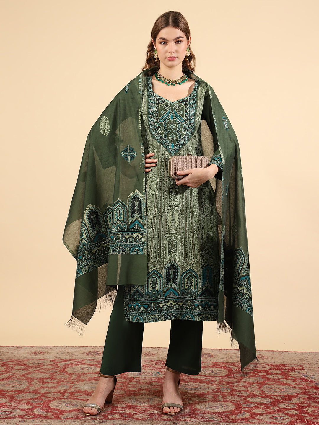 Kidar Ethnic Printed & Embordered Straight Kurta with Pant & Dupatta - B. Green