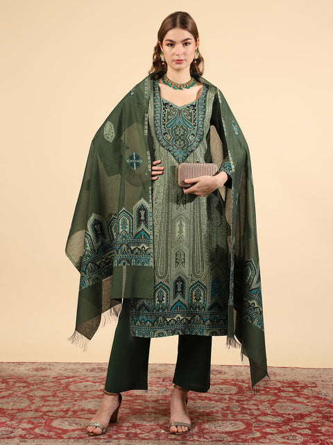 Kidar Ethnic Weave & Embordered Straight Kurta with Pant & Dupatta - B. Green