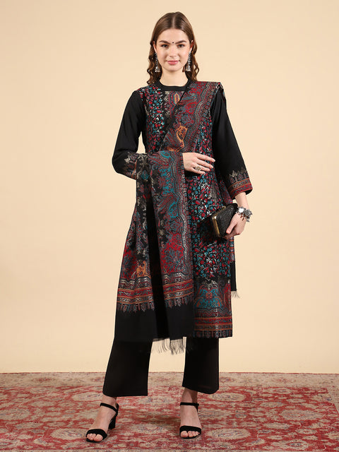 Mandarin Collar Kurta Set with Dupatta - Black