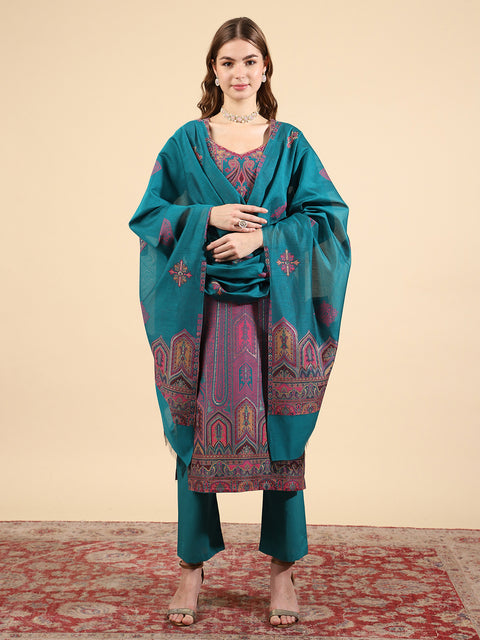 Kidar Ethnic Weave & Embordered Straight Kurta with Pant & Dupatta - New Green