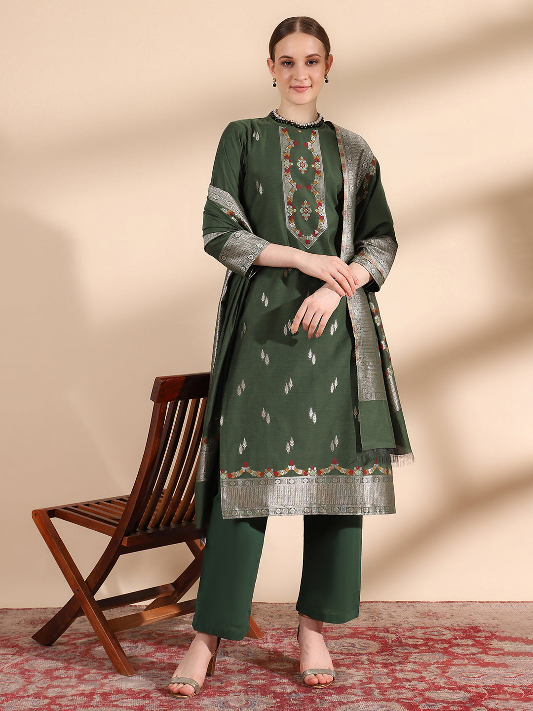 Kidar Ethnic Printed & Embordered Straight Kurta with Pant & Dupatta - b-green