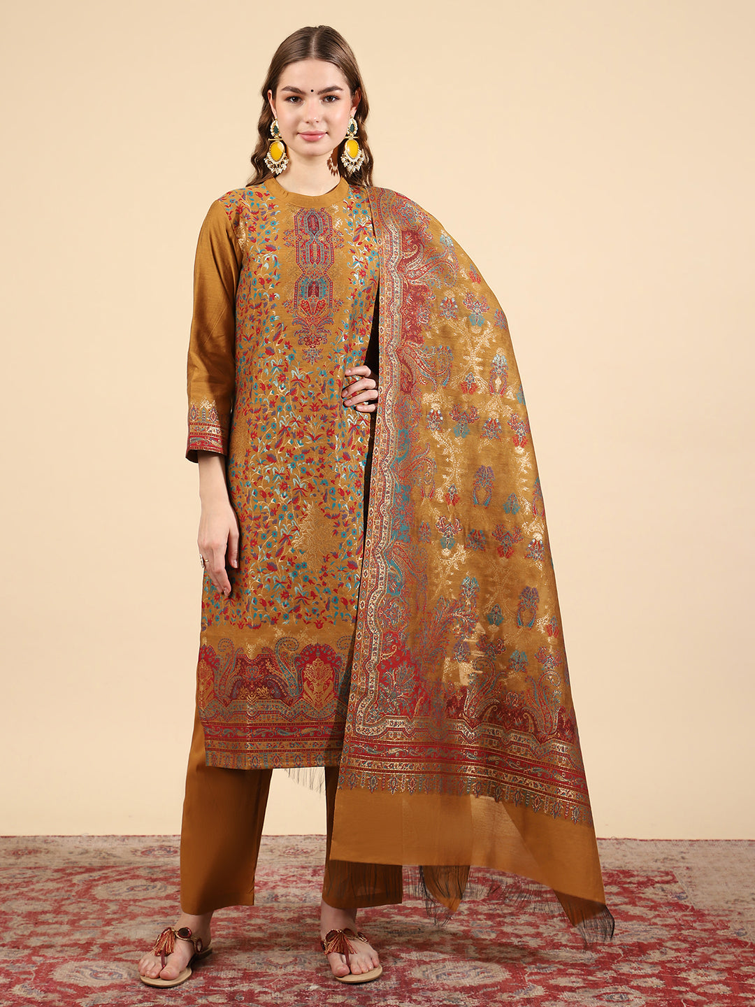 "Kidar Mustard Cotton Silk Mandarin Collar Kurta Set with Dupatta"