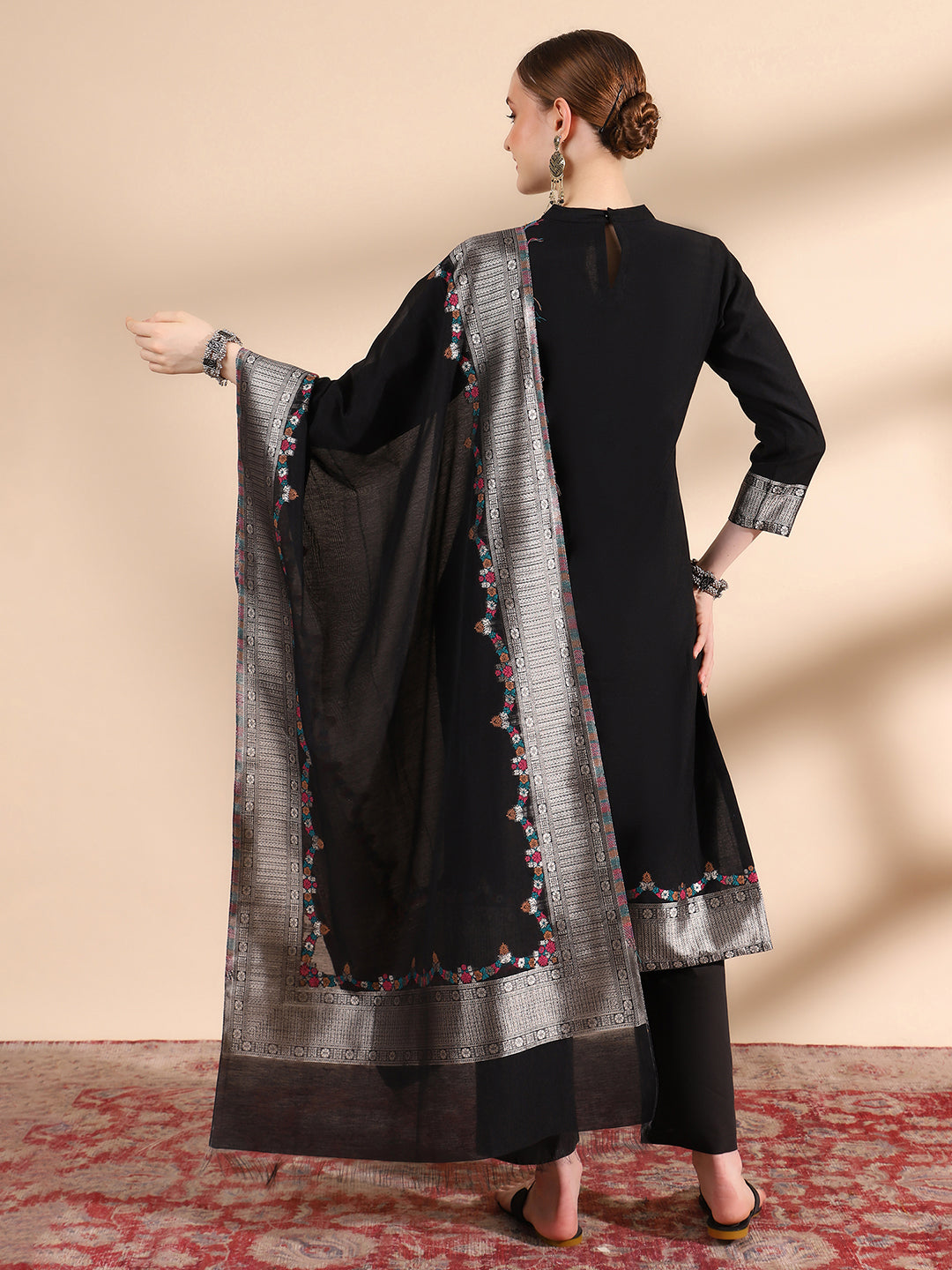 Mandarin Collar Kurta Set with Dupatta - Black