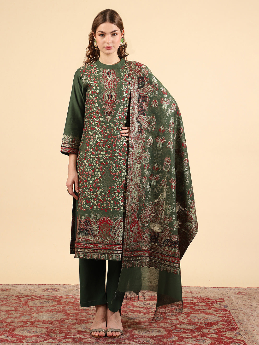 Kidar Floral Printed Kurta with Pants & Dupatta - B. Green