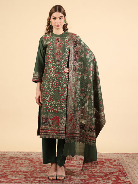 Kidar Floral Weave Kurta with Pants & Dupatta - B. Green