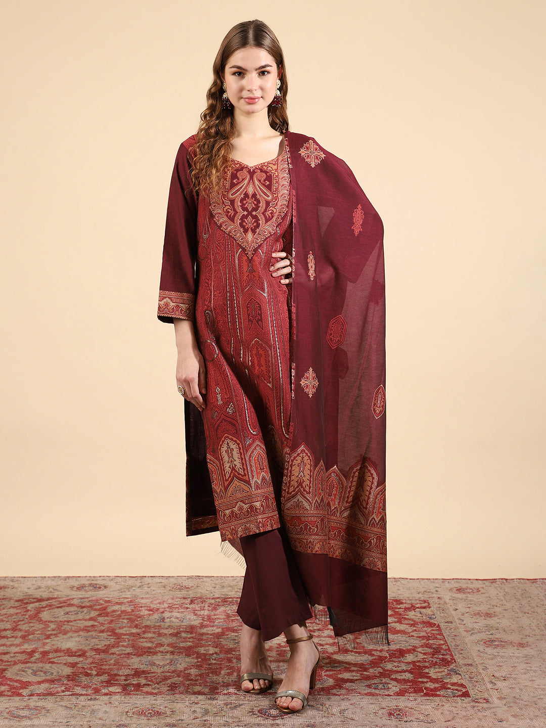 Elegant Wine-Colored U-Neck Kurta Set by Kidar