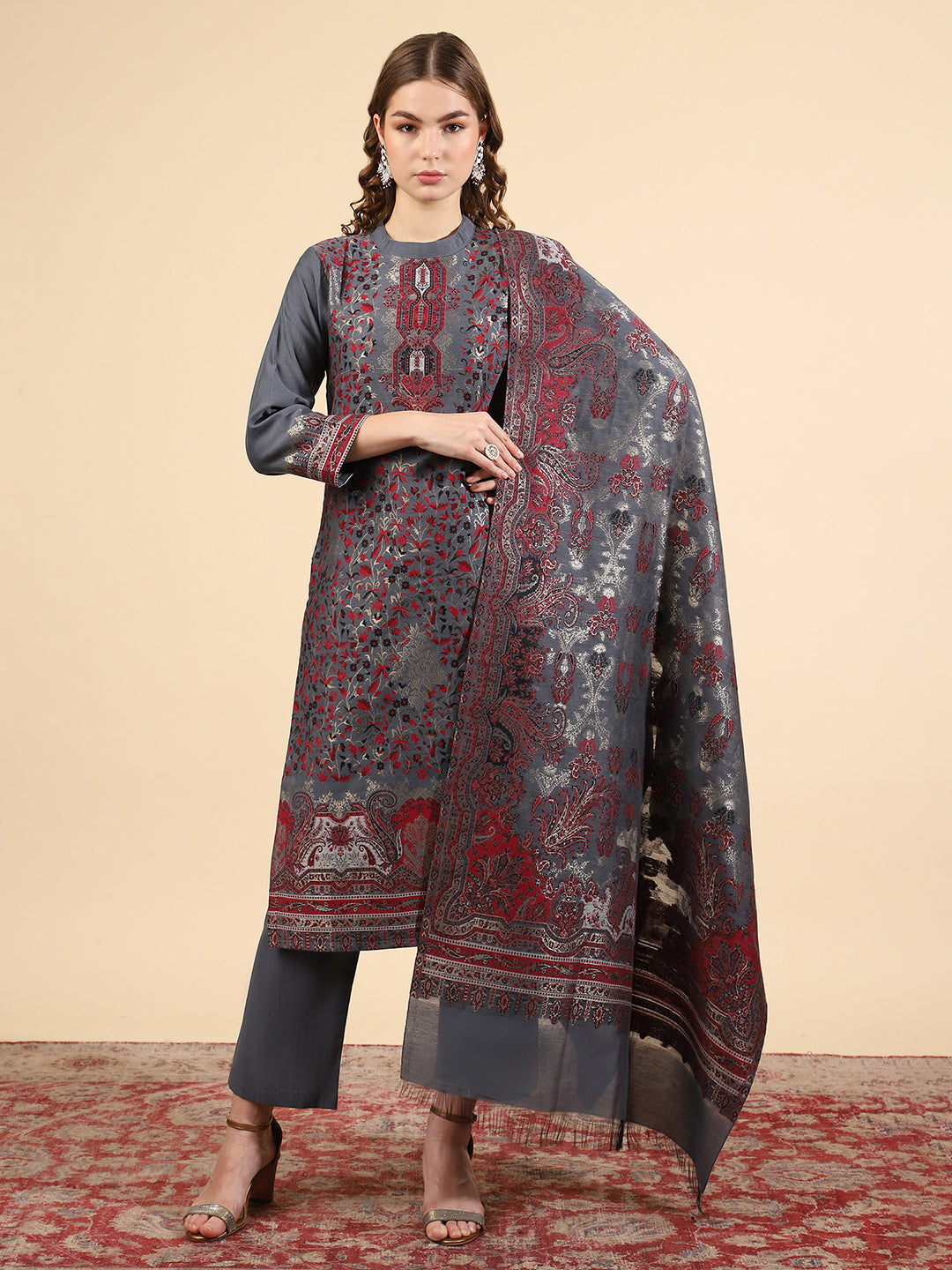 Kidar Ethnic Printed & Embordered Straight Kurta with Pant & Dupatta - Grey