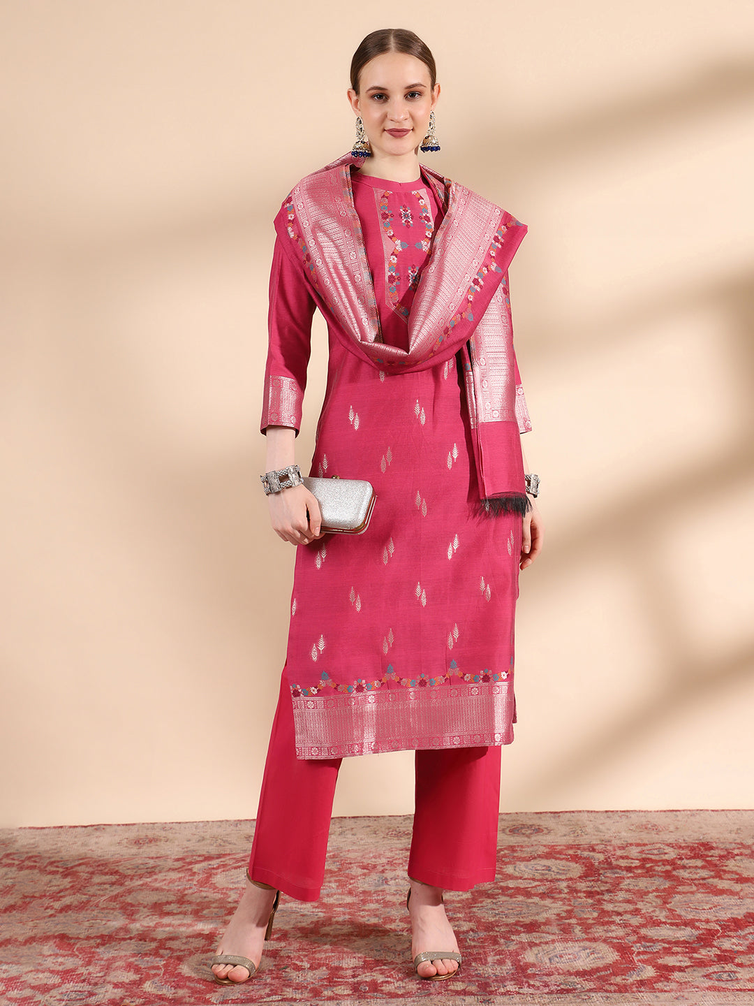 "Magenta Mandarin Collar Kurta Set with Dupatta by Kidar