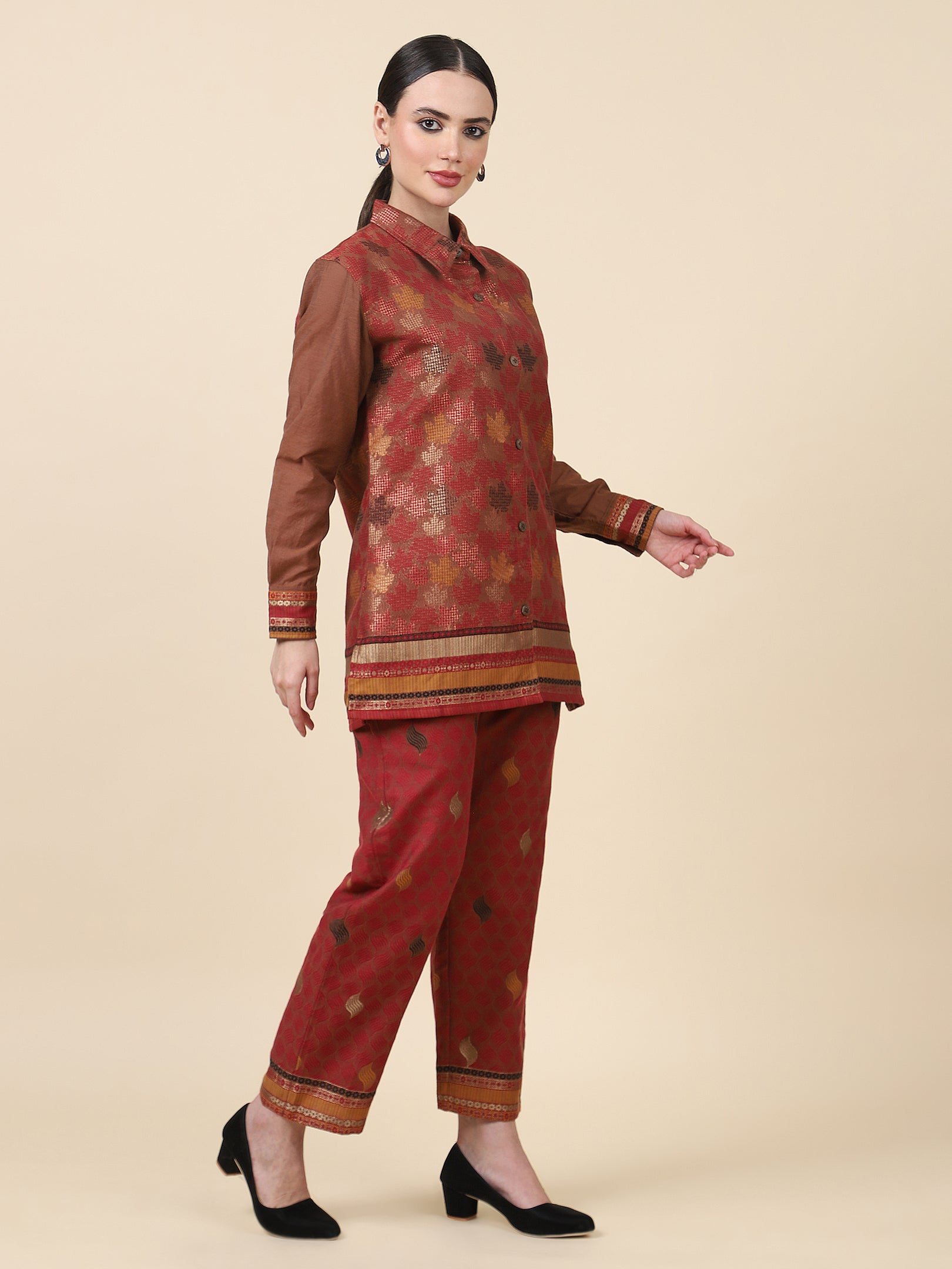 Kidar Ethnic Shirt Style Kurta With Pant Mehroon Chanderi Printed  Co-Ord Set (Top & Bottom)