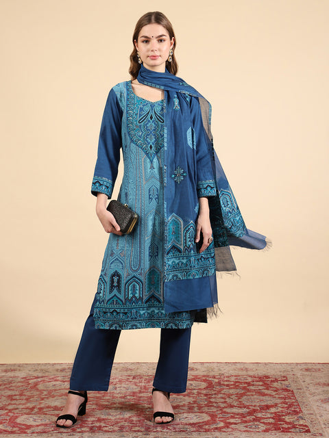 Kidar Royal Blue Organic Cotton Pant Suit with Weave Dupatta"