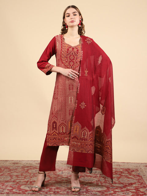 ''Kidar Mehroon Cotton Silk Mandarin Collar Kurta Set with Dupatta"