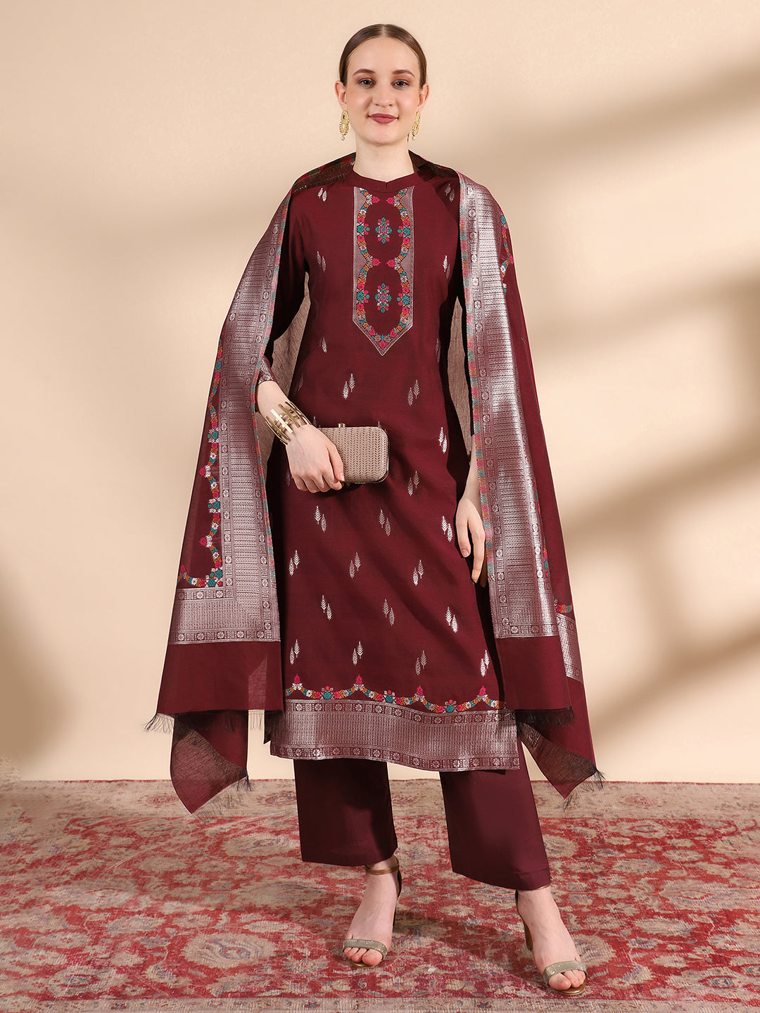 Kidar Floral Printed Kurta with Pants & Dupatta - Wine