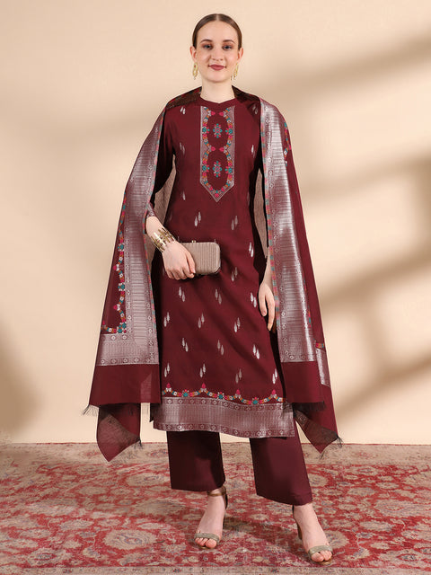 Kidar Floral Weave Kurta with Pants & Dupatta - Wine