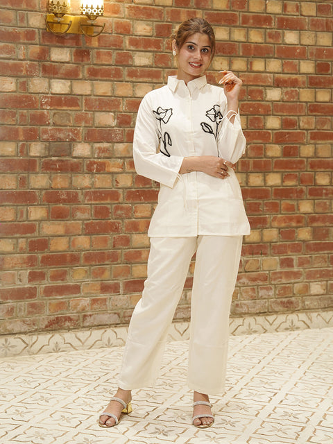 "Women’s Off-White Embroidered Co-Ord Set | Stylish Cotton Shirt & Pant Set"