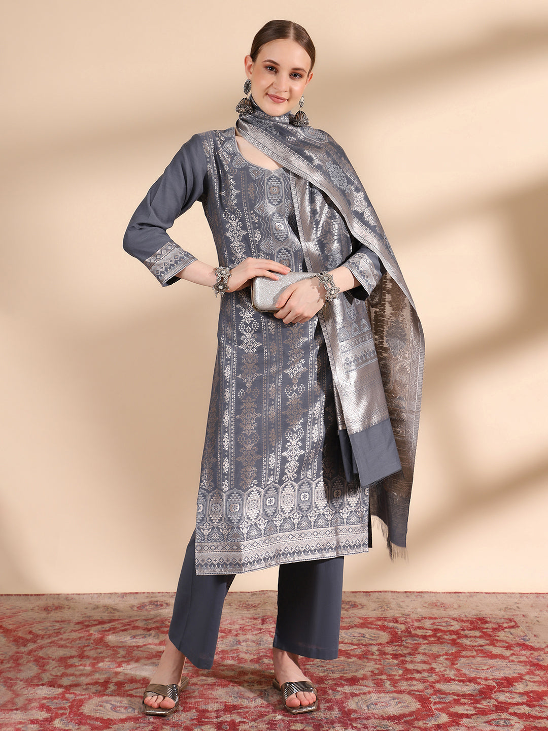 "Kidar's Grey Cotton Silk Kurta Set: Sizes S to 5XL"