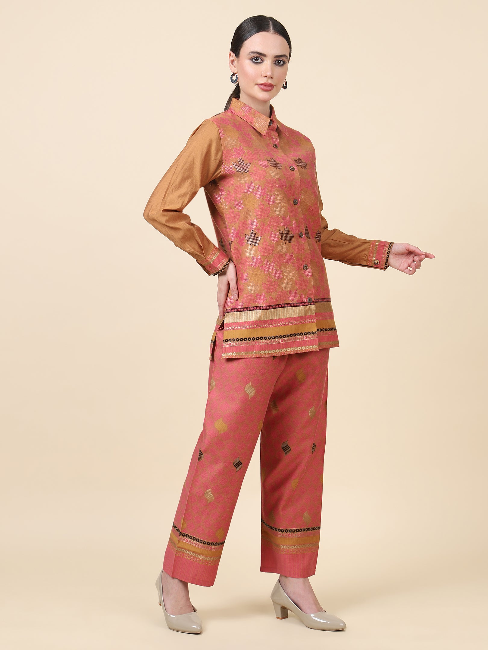 Kidar Ethnic Shirt Style Kurta with Pant Mehroon Chandri Printed Cord-Set (Top & Bottom)