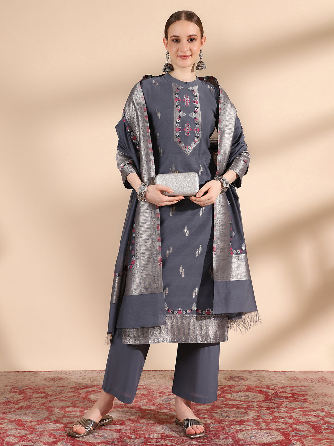 Kidar Ethnic Printed & Embordered Straight Kurta with Pant & Dupatta - Grey