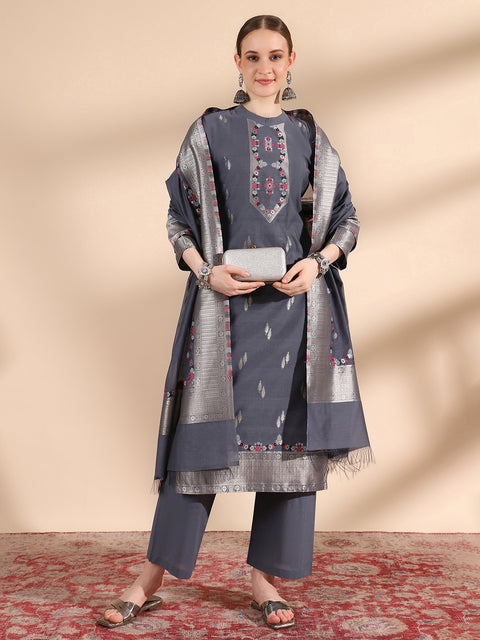 Kidar Ethnic Weave & Embordered Straight Kurta with Pant & Dupatta - Grey