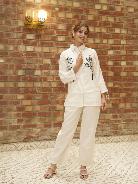 "Women’s Off-White Embroidered Co-Ord Set | Stylish Cotton Shirt & Pant Set"