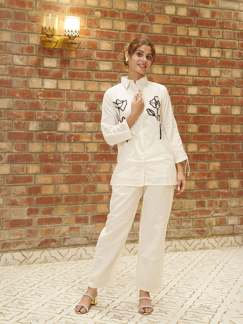 "Women’s Off-White Embroidered Co-Ord Set | Stylish Cotton Shirt & Pant Set"