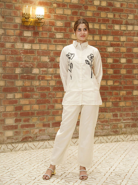 "Women’s Off-White Embroidered Co-Ord Set | Stylish Cotton Shirt & Pant Set"