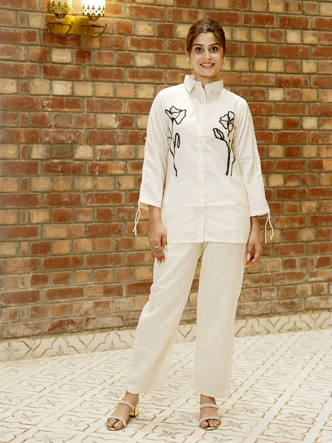 "Women’s Off-White Embroidered Co-Ord Set | Stylish Cotton Shirt & Pant Set"