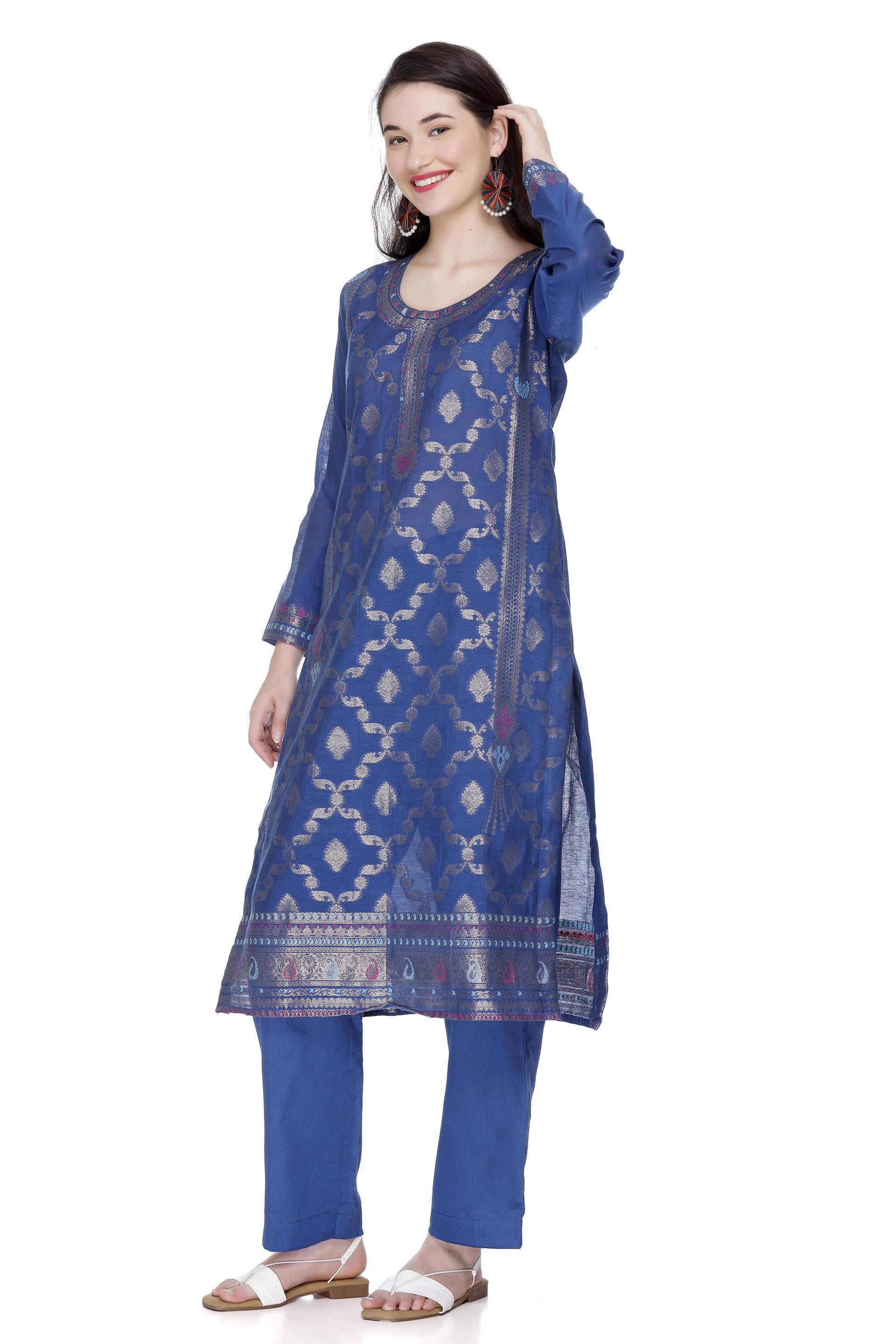 Kidar 's Unstitched Cotton Silk Suit in Royal Blue