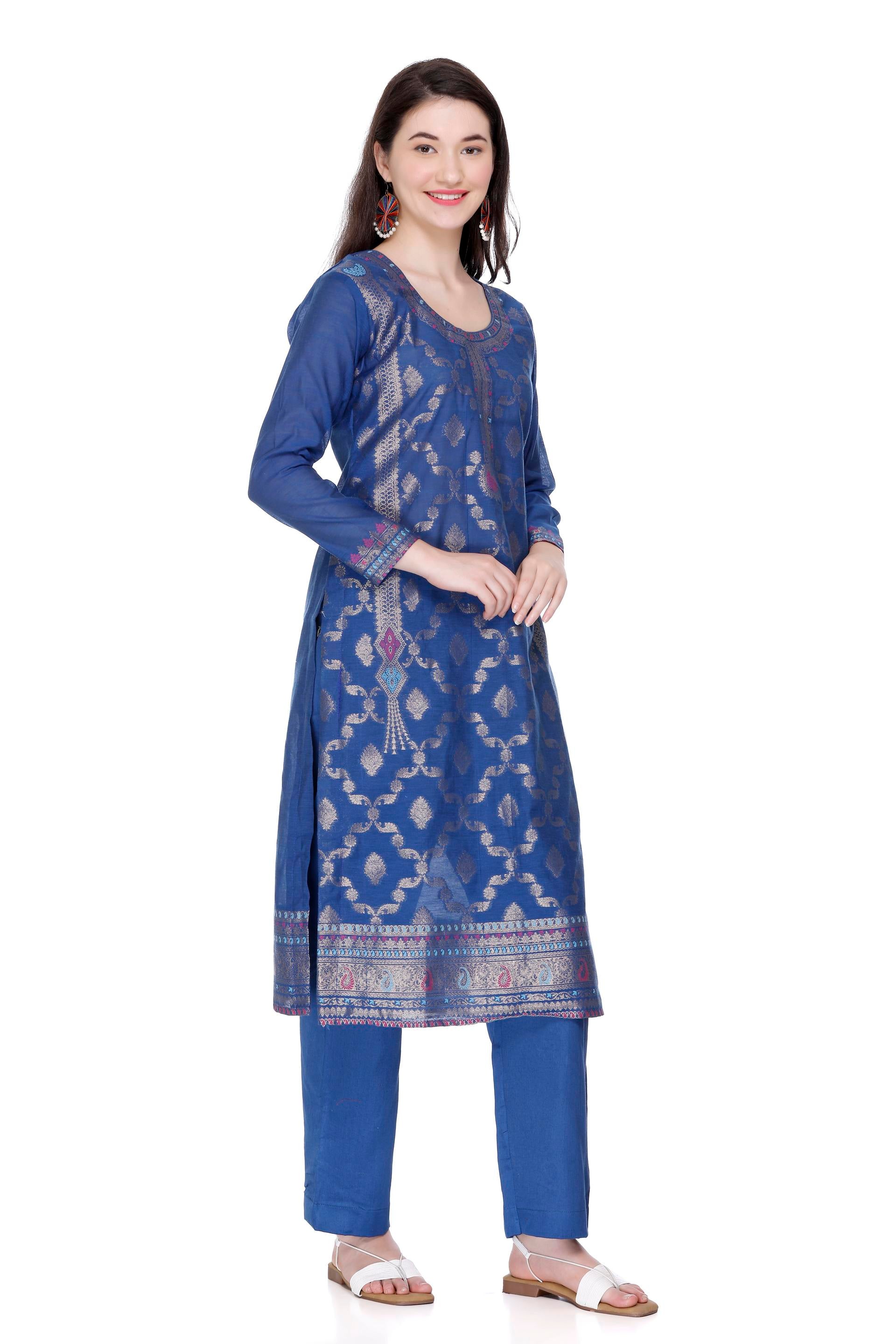 Kidar 's Unstitched Cotton Silk Suit in Royal Blue