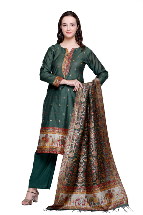 Kidar 's Unstitched Cotton Silk Suit in Bgreen