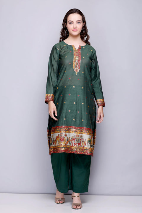 Kidar 's Unstitched Cotton Silk Suit in Bgreen