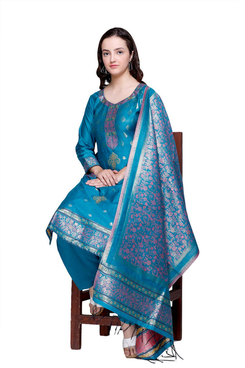 Kidar's Unstitched Cotton Silk Suit In Blue