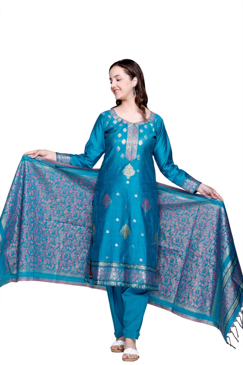 Kidar's Unstitched Cotton Silk Suit In Blue