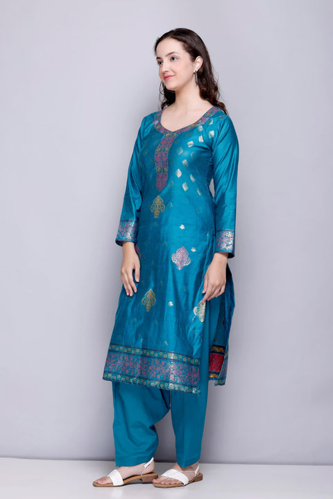 Kidar's Unstitched Cotton Silk Suit In Blue